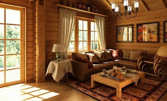 Шторы из натуральных материалов светлых тонов – лучшее украшение окон в деревянном доме