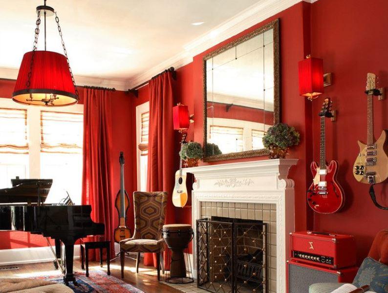 красные шторы в интерьере стильной квартиры