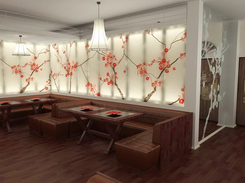 Ресторан восточном стиле, оформленный японскими панелями