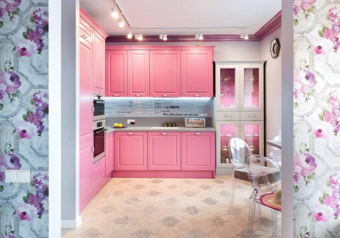 отделка кухни в розовых тонах